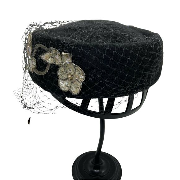 Pillbox Classic Hat Vintage 1950s Shagfelt Womens Black Felted Fur Fitted Retro - Picture 2 of 16